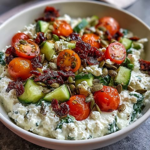 Protein-rich cottage cheese breakfast bowl topped with colorful vegetables, olive oil, and seeds for a healthy and satisfying start to your day.