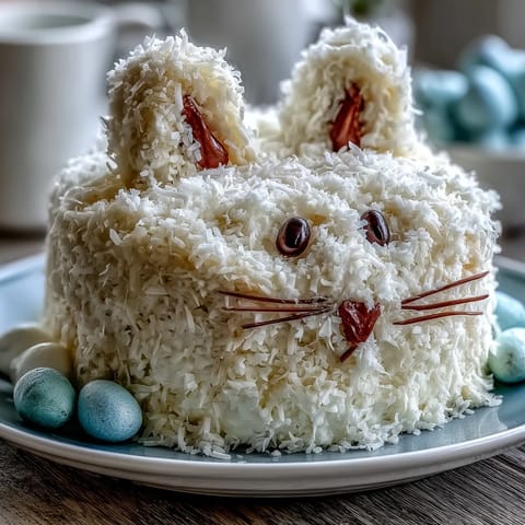 A festive Easter Bunny Cake with coconut frosting, featuring soft vanilla layers and whimsical bunny decorations.
