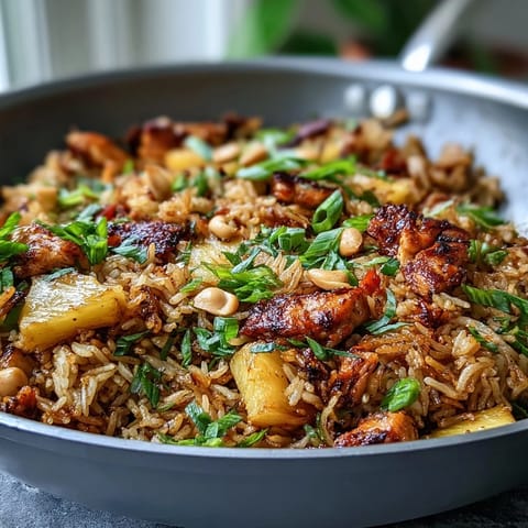 Hawaiian pineapple chicken fried rice with juicy pineapple chunks and tender chicken in a vibrant, tropical stir-fry.