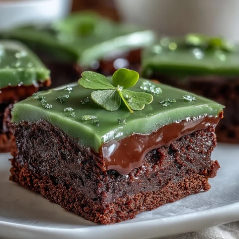 Festive St. Patrick's Day shamrock brownies with rich chocolate base and vibrant green icing on a festive platter.
