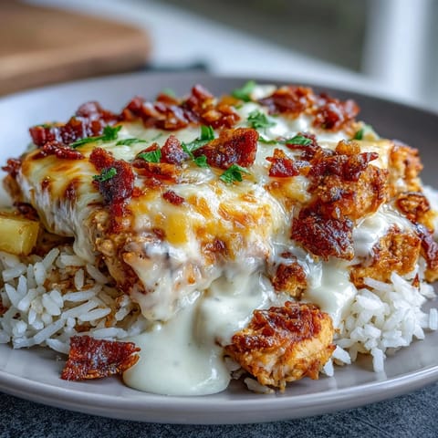 Savory chicken casserole with juicy pineapple chunks, fluffy rice, and a gooey cheddar cheese crust.  
