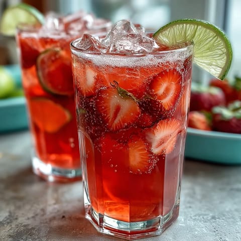 A vibrant pink punch with lemon wheels, lime slices, and strawberry halves floating in sparkling citrus-infused drink, ideal for festive gatherings.