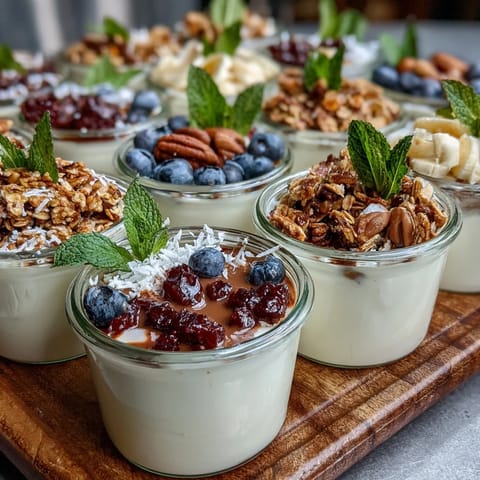 A colorful Mothers Day brunch yogurt parfait bar with fresh berries, creamy yogurt, and crunchy granola toppings for a healthy celebration.