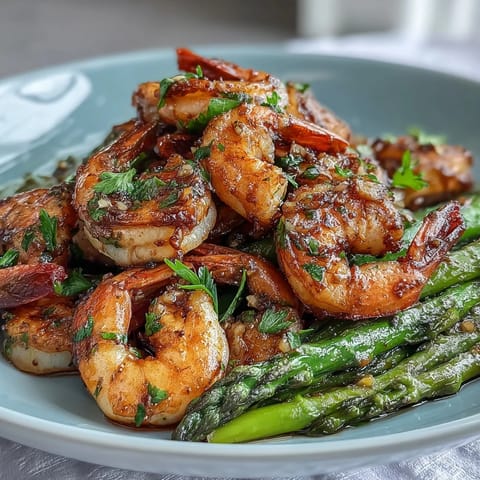 Healthy Easy One-Pan Lemon Garlic Shrimp and Asparagus with vibrant green asparagus spears and juicy shrimp sizzling in a zesty lemon-garlic sauce, ready to serve in under 30 minutes.