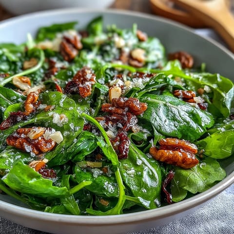 Fresh arugula salad with lemon vinaigrette and shaved Parmesan, offering a peppery bite and bright citrus flavor.