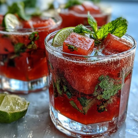 A refreshing watermelon mint vodka spritz mocktail with juicy fruit and vibrant mint, served over ice in a tall glass.