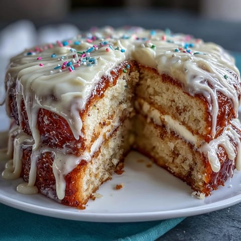 Two-tier vanilla graduation cake with balloon toppers, creamy buttercream frosting, and festive sprinkles for a celebratory dessert.