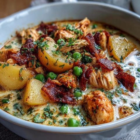 Slow Cooker Chicken Pot Pie Soup in a bowl, creamy and hearty with tender chicken and vegetables.