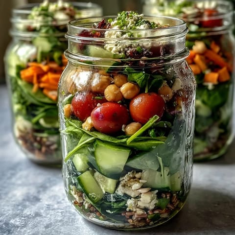 Layered mason jar salads packed with fresh spinach, cherry tomatoes, and quinoa for healthy meal prep.