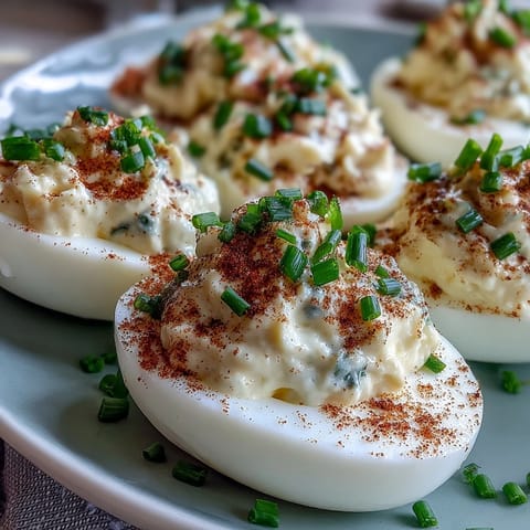 Classic deviled eggs with paprika and chives, creamy yolk filling piped into halved egg whites, garnished with smoky spice and fresh herbs.