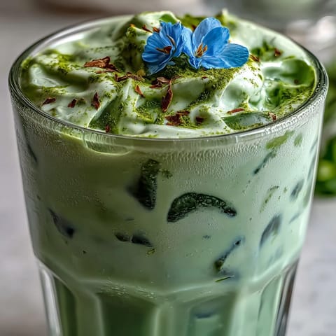 Mother's Day Iced Matcha Latte with creamy vanilla cold foam topping beautifully layered.