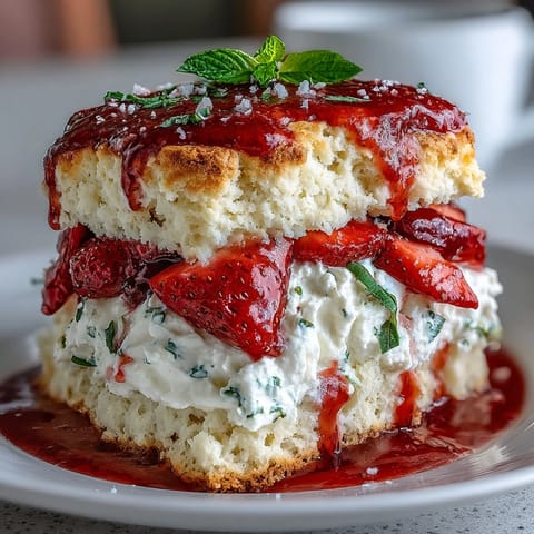 Golden Strawberry Basil Shortcake Biscuits piled high with fresh berries and cream.