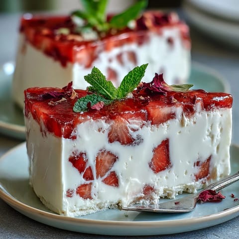 Strawberry Rose Gelatin Mosaic Cake showcasing vibrant ruby cubes in creamy white bliss.