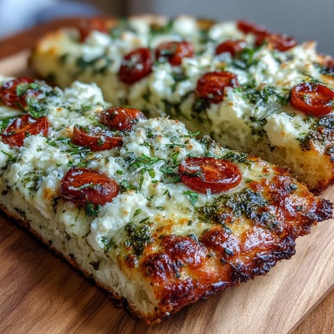 Viral Cottage Cheese Flatbread, vibrant pesto, and juicy tomatoes on a golden crust.