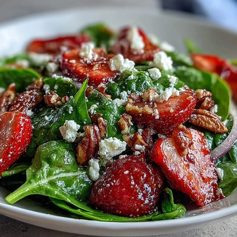 Garden-fresh Strawberry Spinach Spring Salad, bursting with juicy strawberries and toasted nuts.