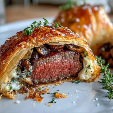 Golden brown individual beef wellington parcels glistening, ready to be served.