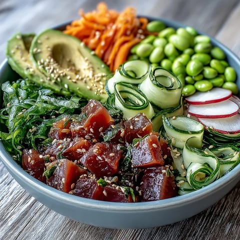 Vibrant Spring Tuna Poke Bowl bursting with fresh seafood and crisp garden vegetables.