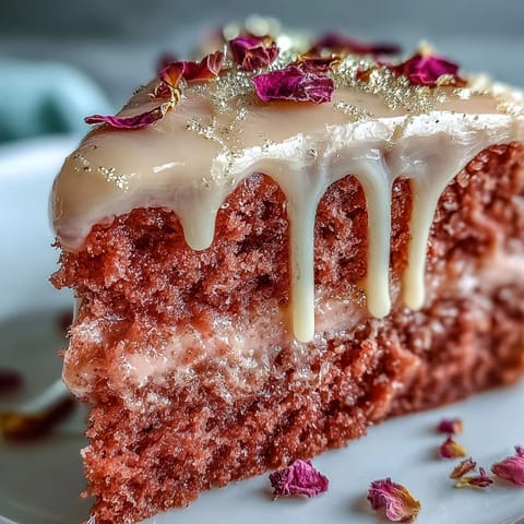 Elegant Bridal Shower Rosé Velvet Cake draped with shimmering gold drip.