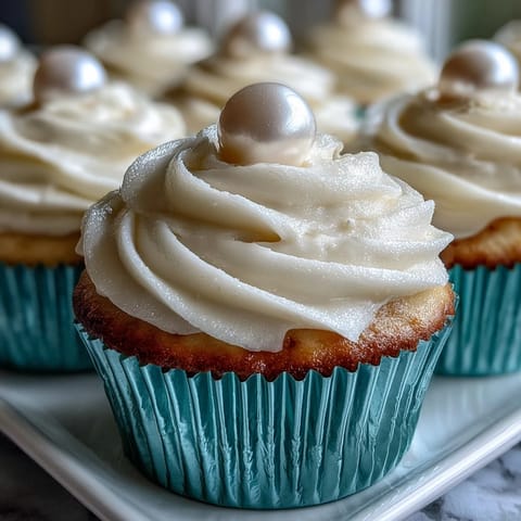 Soft vanilla Cancer birthday cupcakes with shimmering pearl fondant toppers.