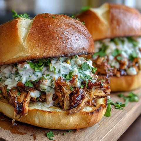 Tangy BBQ pulled jackfruit sandwiches piled high with creamy coleslaw.