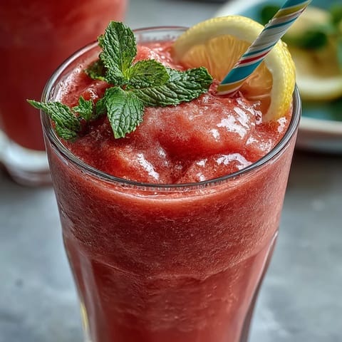 Refreshing Frozen Watermelon Lemonade Slushie, perfectly blended for summer sipping.
