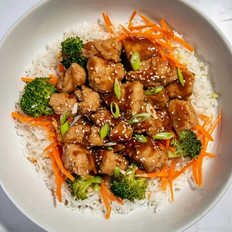Delicious Easy 20-Minute Chicken Teriyaki Bowls, served with fluffy rice and toasted sesame seeds ready to eat.