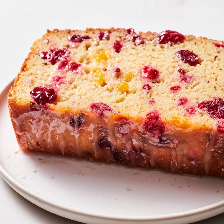 A freshly baked loaf of Seasonal Cranberry and Orange Bread; the top is beautifully cracked.