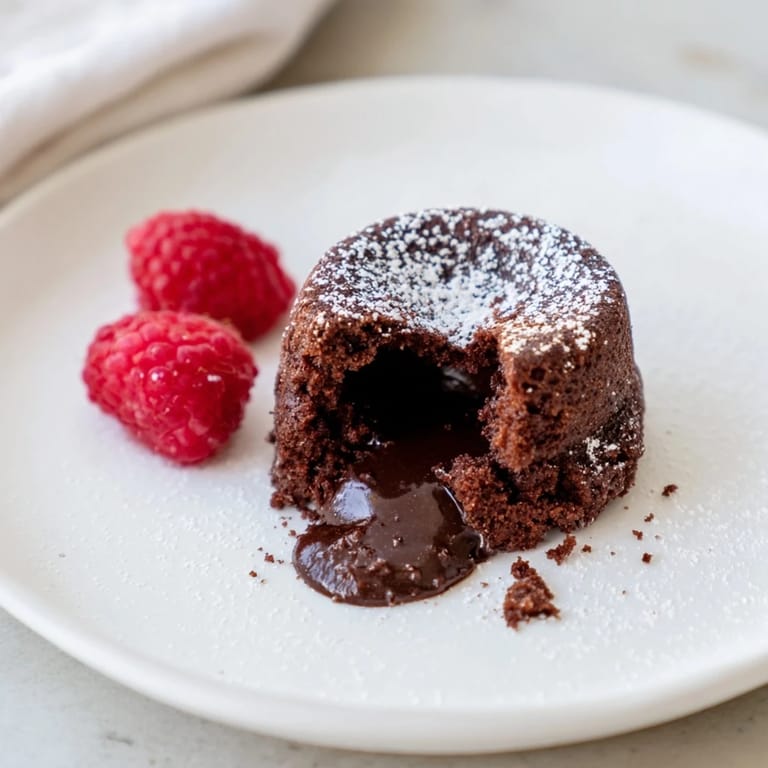 Perfect individual portion of mini chocolate lava cakes, served with fresh berries and dusted powdered sugar.
