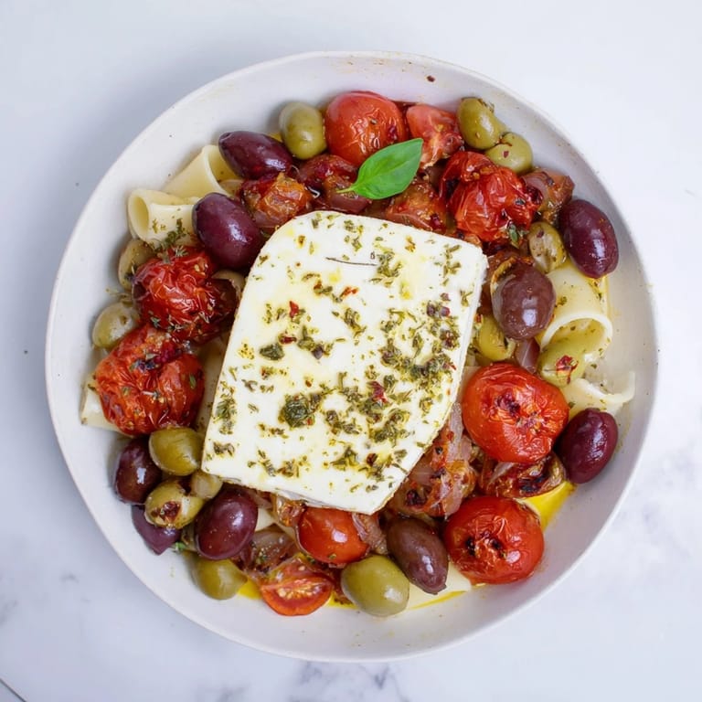 Golden, bubbling Baked Feta Pasta with vibrant tomatoes and fresh basil, ready to eat.