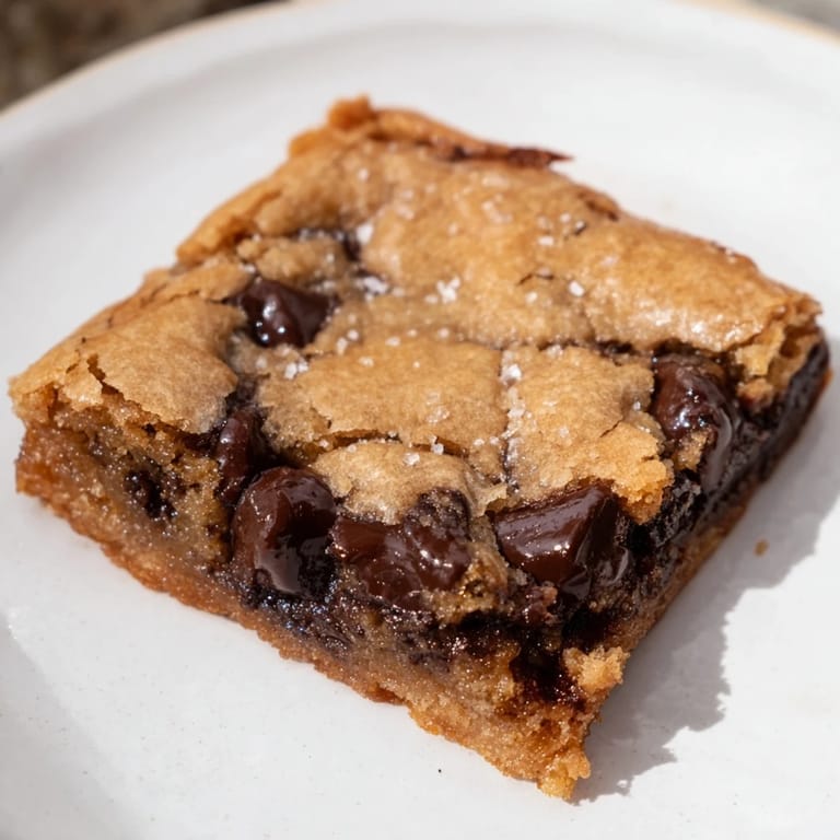 A close-up of Ultimate Gooey Chocolate Chip Cookie Bars, hinting at the delightful, gooey texture after baking.