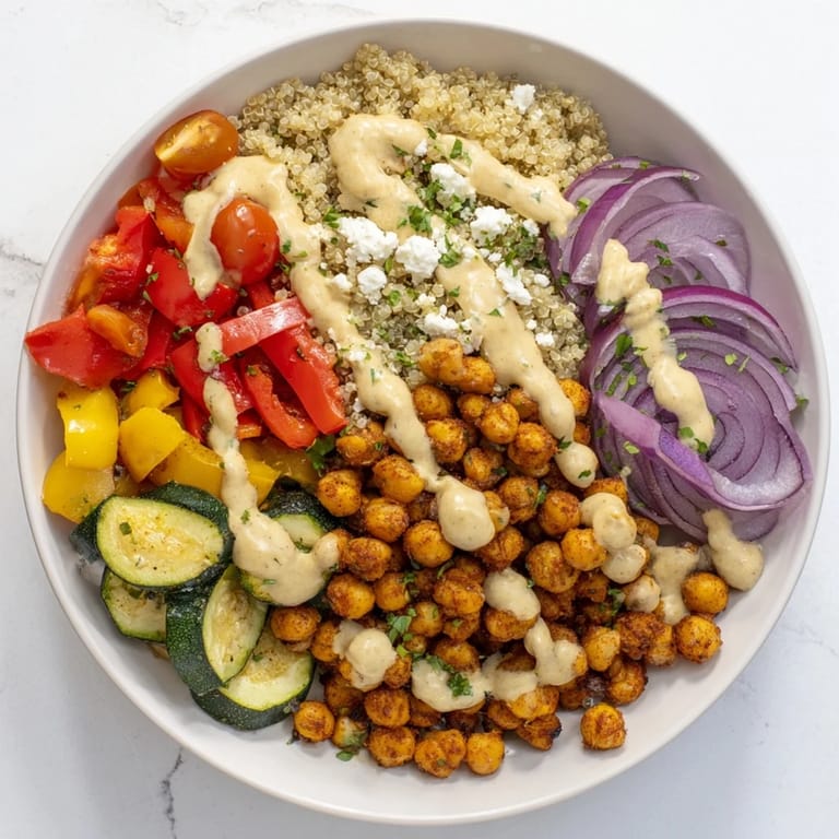 A colorful photo of the flavorful Mediterranean Chickpea and Veggie Grain Bowl, perfect for a healthy vegetarian meal.
