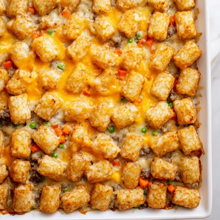 A comforting view of a Family Favorite Tater Tot Casserole, with melted cheese and crispy tater tots.