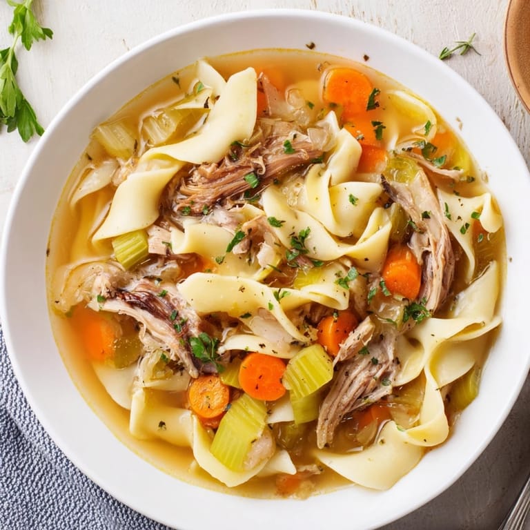 A close-up shot of homemade Cozy Chicken Noodle Soup, highlighting fresh parsley and hearty noodles.