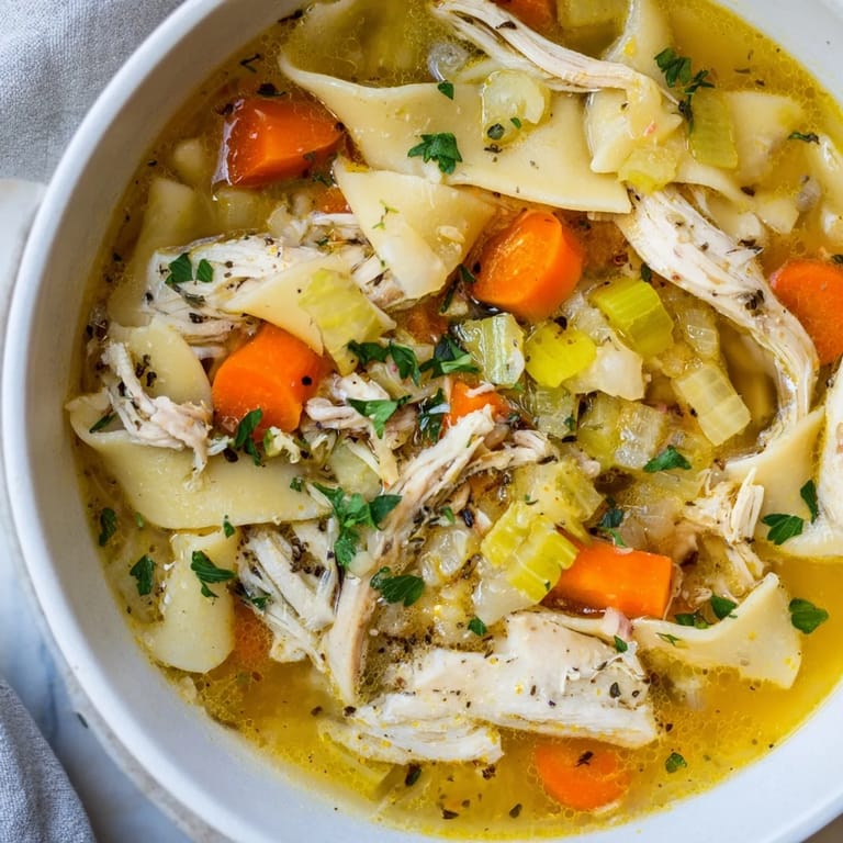Delicious, warm Cozy Chicken Noodle Soup from Scratch, perfectly garnished and ready to be served.