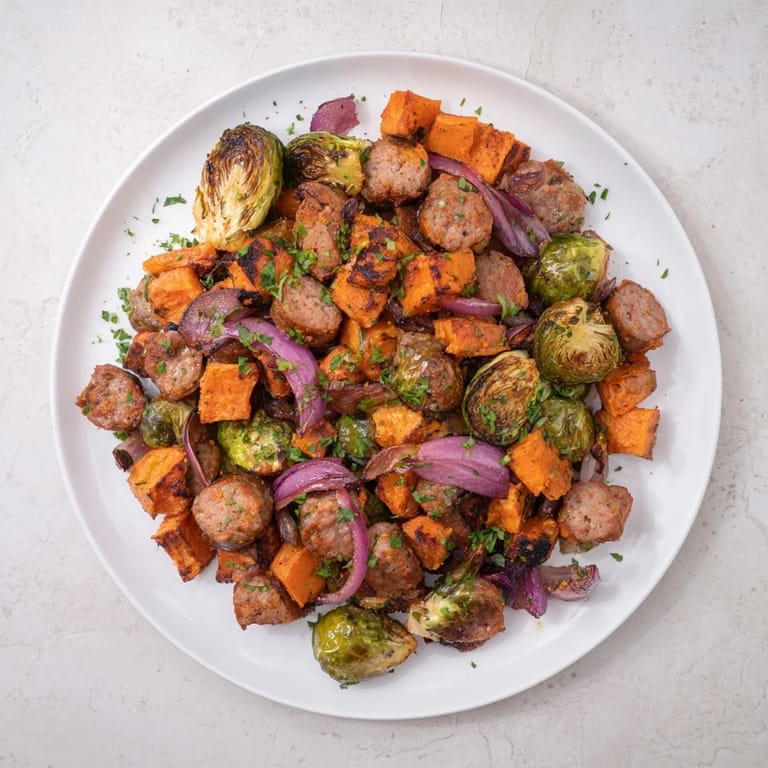 Tender Sheet Pan Sausage, sweet potato, and Brussels sprouts, fragrant with herbs atop a baking sheet.