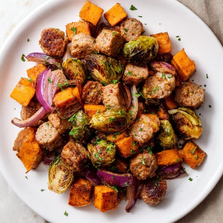 Golden-brown Sheet Pan Sausage, sweet potato, and Brussels sprouts, offering a delicious and healthy dinner.