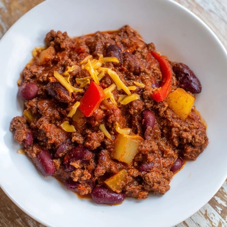 Enjoy a warm and comforting serving of Simple Weeknight Chili, seasoned to perfection with various spices.