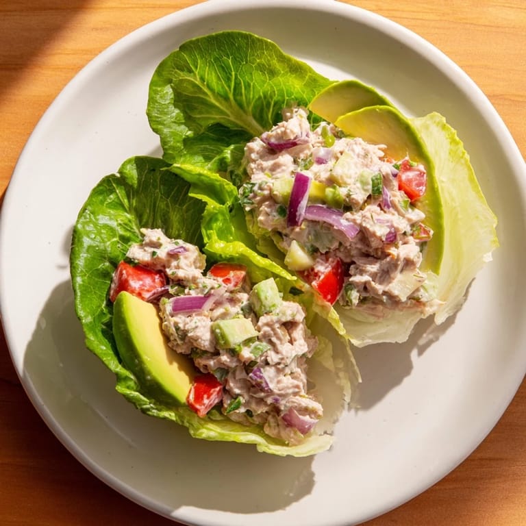 View of a refreshing tuna salad lettuce wrap, showcasing healthy ingredients and easy preparation.