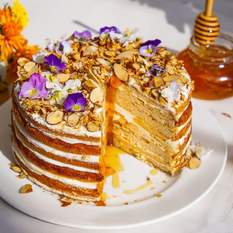 A close-up of The Honey-Drip: a rich cake with a warm honey center, ready to be dipped.