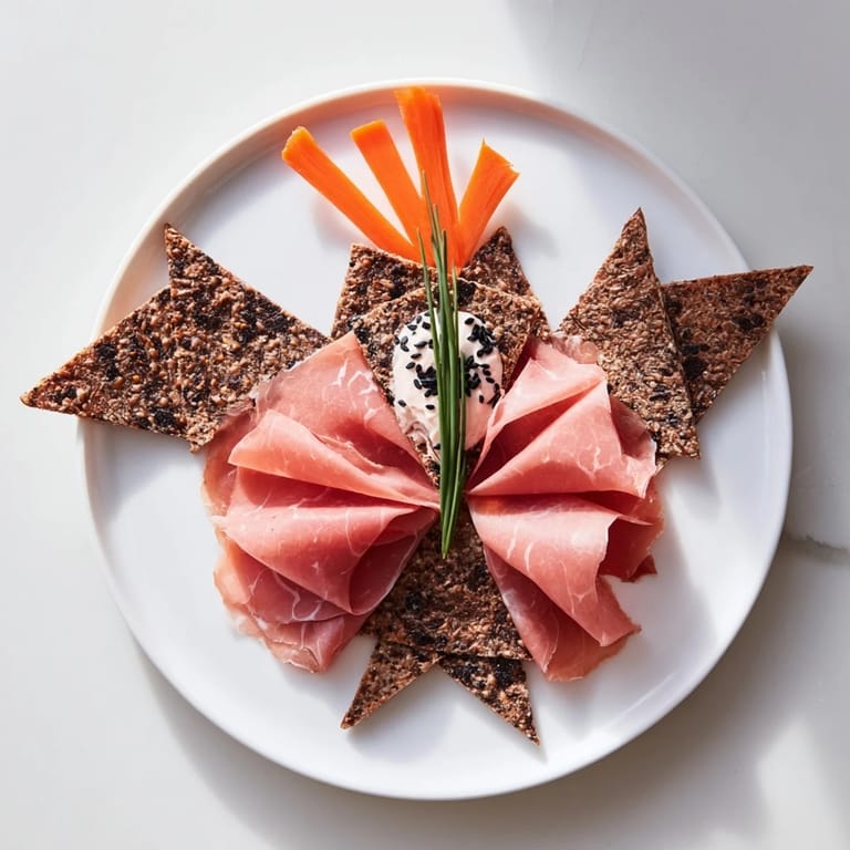 Beautiful arrangement of a Paper Crane: this appetizer features colorful carrot garnishes and textured crackers.