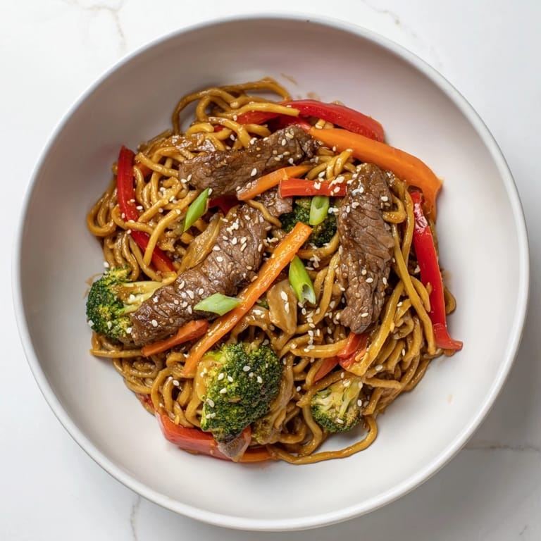 Close-up of savory Easy Beef Stir-Fry with Lo Mein Noodles, showing tender beef and vibrant vegetables.