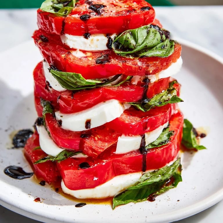 This Tuscan Pillar presents a vibrant display of layered tomatoes, mozzarella, and basil drizzled with glaze.