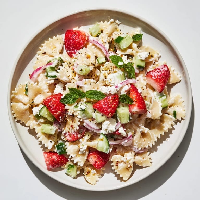 Chilled Strawberry Feta Pasta: a refreshing salad with colorful strawberries and tangy feta crumbles.