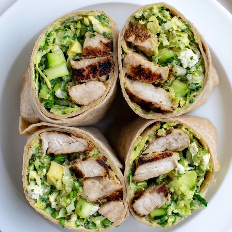 Freshly assembled Green Goddess Chicken Wraps with perfectly grilled chicken visible inside, a healthy and tasty meal.