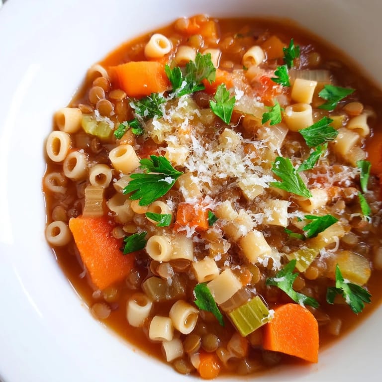 Warm, flavorful Ditalini and Lentil Soup with visible lentils and herbs, ready to be enjoyed.