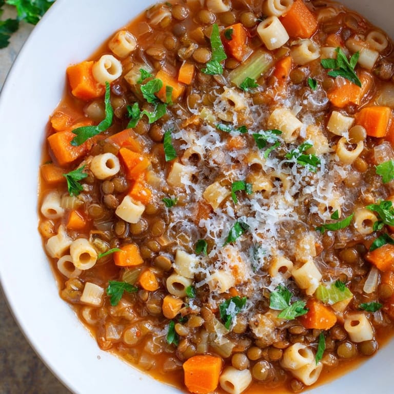 Close-up of Ditalini and Lentil Soup, showing pasta, vegetables, and a savory tomato base.