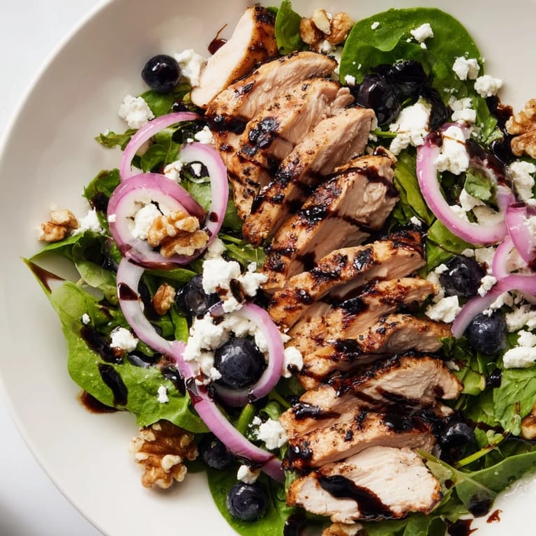 This colorful plate of Blueberry Goat Cheese Chicken Salad showcases tender chicken and crumbled goat cheese; a perfect American dish.
