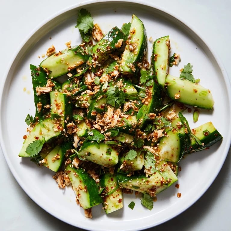 Close-up of the flavorful Whole Cucumber Logan Salad, featuring refreshing cucumbers and shredded chicken.