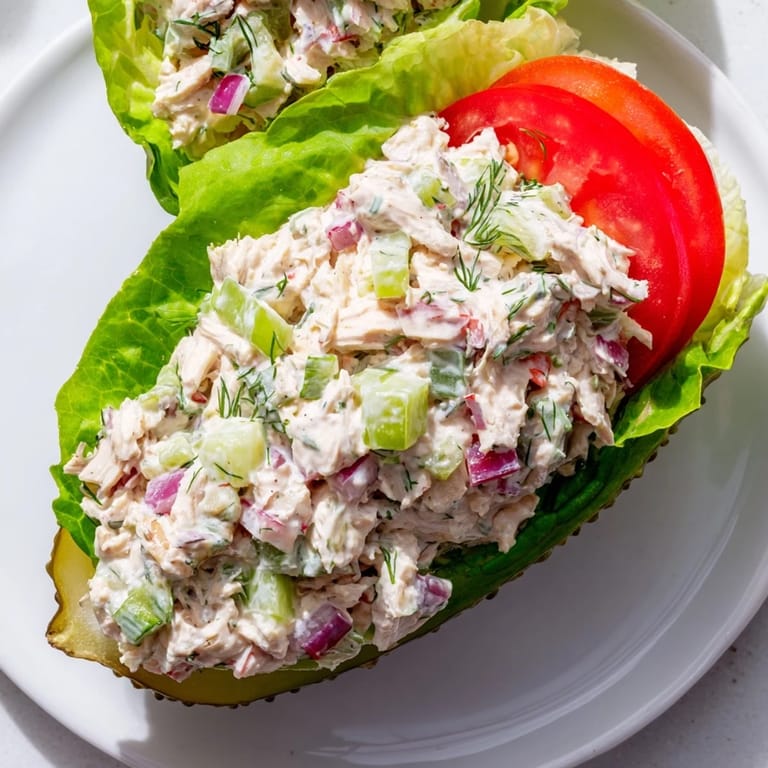 Close-up of a loaded pickle sandwich with chicken salad, perfect for a light lunch.