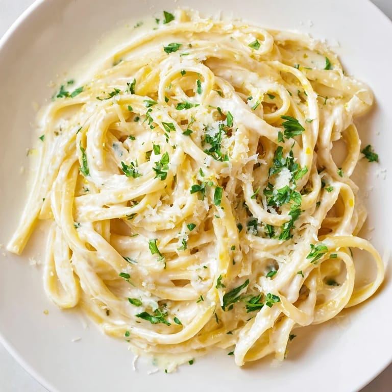Enjoy a bowl of Lemon-Garlic Greek Yogurt Pasta with garlic aromas and a light, zesty flavor.